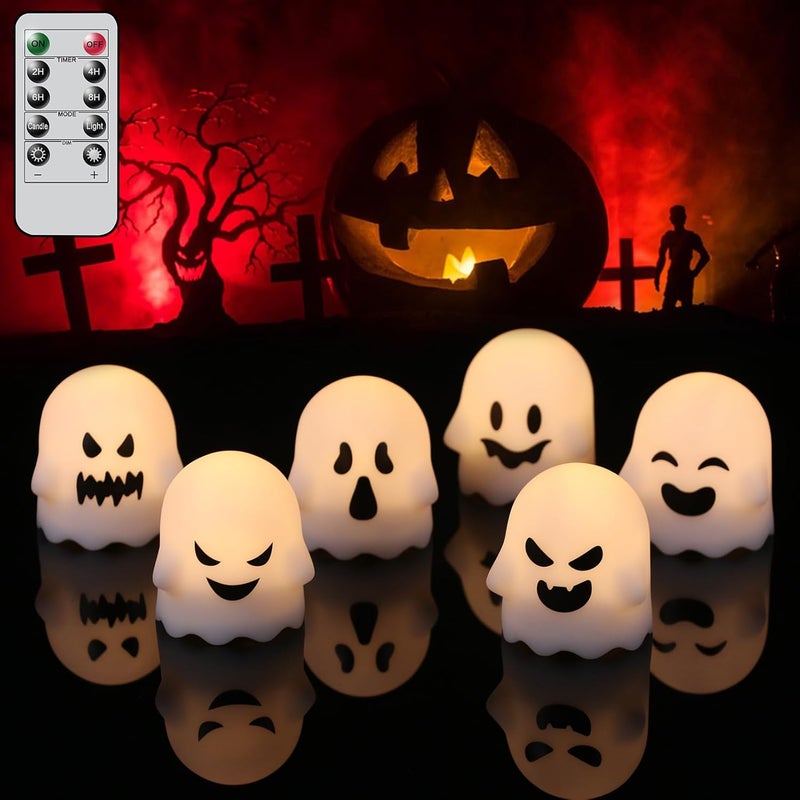 DRomance Halloween Ghost Lights Flameless Candles Battery Operated with Remote and Timer 6 Pack Spooky White LED Votive Candles Dimmable Light Halloween Indoor Decoration(2 x 2.4 Inches) - Image 1